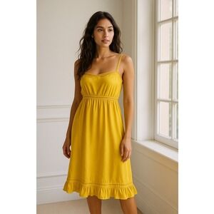 Viola Dress Women 6 Yellow Silk Mesh Trim Crochet Tie‎ Waist Midi Boho Cottage